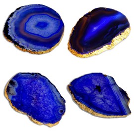 Blue Agate Coasters for Drinks - Set of 4 - Modern Gold Edge Stone Geode Coaster - Agate Slices Random Size 3.5~4" (Gold Edge)