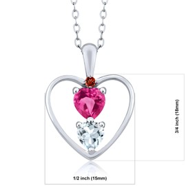 925 Sterling Silver Pink Created Sapphire Sky Blue Aquamarine and Red Garnet Pendant Necklace For Women (0.86 Cttw, Gemstone September Birthstone, Heart 5MM and 4MM, with 18 Inch Silver Chain)