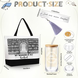 Inbagi 3 Pcs Book Lover Gift, Book Club Accessories, Bookish Gifts for Readers Librarians Bookworms Teachers Friends Cute Birthday Gift, 1 Canvas Tote Bag, 1 Metal Bookmark and 1 Glass Cup