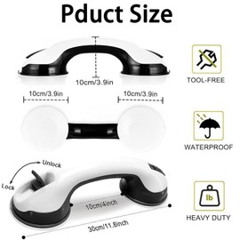 Pack of 2 Shower Handles with Suction Cup, 30 cm, Bathroom Handle, No Drilling, Safety Handle for Shower, Seniors, Children, Disabled, Non-Slip, Reusable, Wall Handle for Bathroom, Black