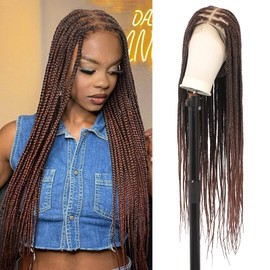 Brinbea 36'' 360° HD Full Lace Braided Wigs Knotless Braided Wigs Box Braid Wig with Baby Hair Braided Lace Front Wigs for Women Human Hair Blended Mix Black Brown