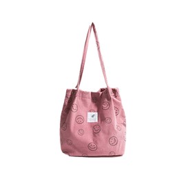 ICOCCI Women Tote Bags Grocery Shoulder Bag Corduroy with Inner Pocket for Work Beach Lunch Travel Shopping Shopper Handbags, Smiley Face Pink, Large
