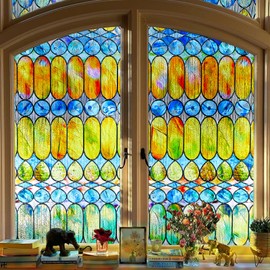 Beautyhero Window Privacy Film, Faux Stained Glass Window Film Heat Blocking 99% Anti UV, Removable 3D Colorful Decorative Sunset Glass Covering,35.4”*78.7”