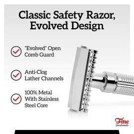 Mr. Fine Premium Double Edge Safety Razor for Wet Shaving, Single Blade Razor, Close Shave, Open-Comb Guard, 100% Metal w/Stainless Steel Core, 5 Feather Blades