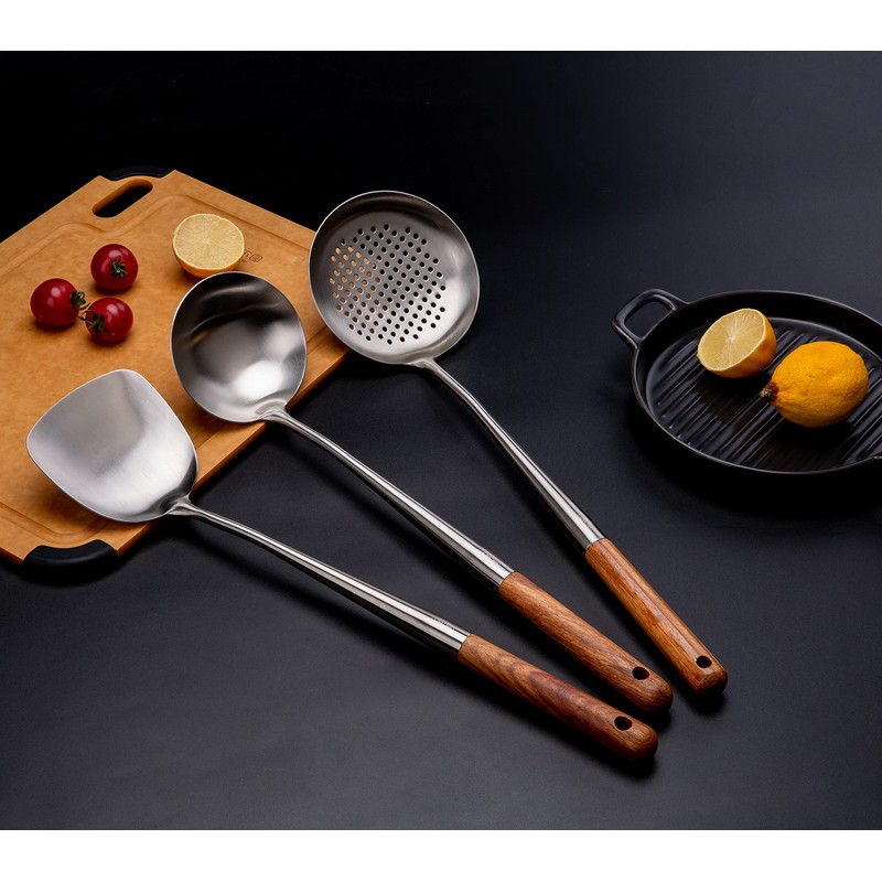 FJNATINH Wok Spatula and Ladle,Skimmer Ladle Tool Set, 17inches Spatula