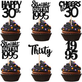 30PCS Black 30th Birthday Cupcake Toppers Glitter Thirty Happy 30th Straight Outta 1993 Cupcake Picks for Cheers to 30 Years 30th Birthday Wedding Anniversary Party Decoration Supplies