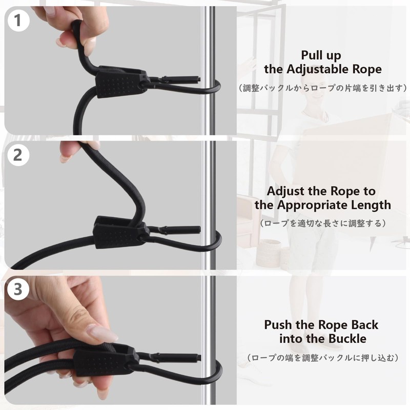 JEELAD Bungee Cord Cargo Strap with Hook and Carabiner, Adjustable