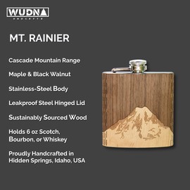 Laser Engraved Wooden Hip Flask - 6 oz. Stainless Steel, Cascade Range - Mt. Rainier Walnut Sky