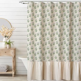 MUGINYU Linen Textured Ruffle Shower Curtain - Vintage Floral Block Print in Beige and Green, Boho Cottagecore Farmhouse French Country Bathroom Decor Set, 72x72 Inches