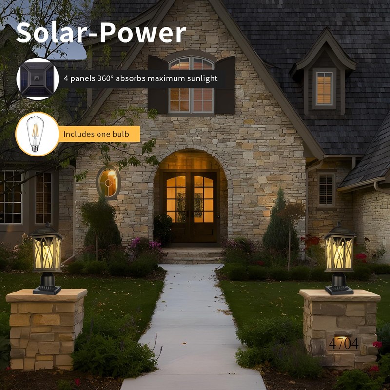 Treekee Solar Post Light Outdoor, Rustic Black Pier Mount Lantern