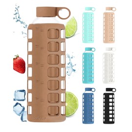 purifyou 40/32/22/12 oz Borosilicate Glass Water Bottles with Volume Markers, Silicone Sleeve, Stainless Steel Lid, Reusable Bottle for Water, Juice, Gym, and Fridge Storage (40oz Iced Coffee)