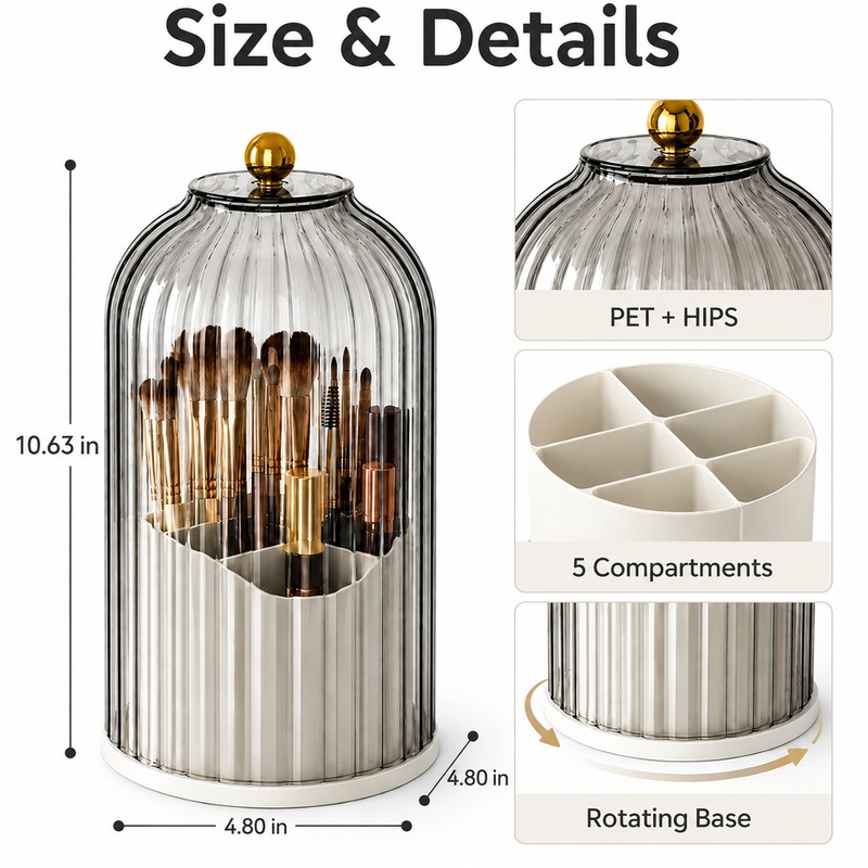 360° Rotating Makeup Brush Holder Organizer with Clear Cover –