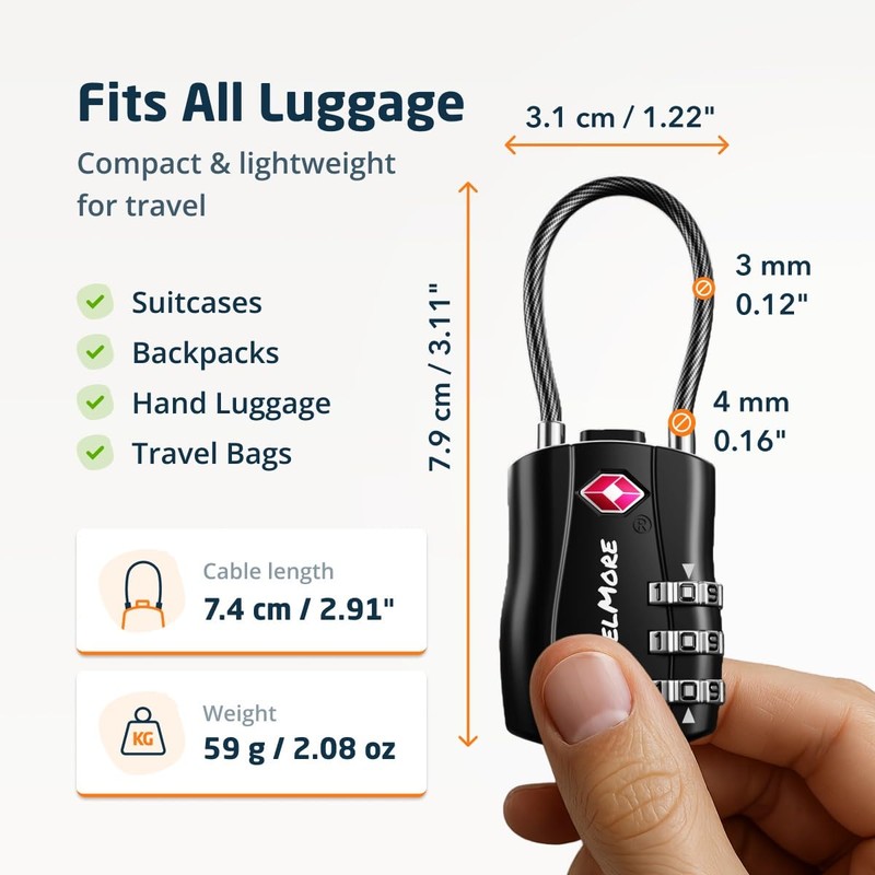 TSA Approved Travel Combination Cable Luggage Locks for Suitcases &