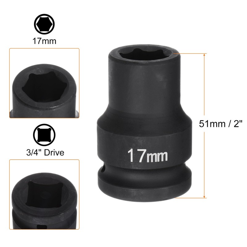 sourcing map 6-Point Impact Socket 3/4" Drive 17mm Metric 40Cr