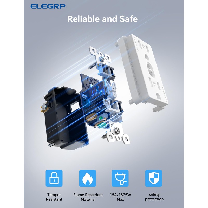ELEGRP Smart in-Wall Outlet, 2.4GHz Wi-Fi Smart Receptacle Compatible with
