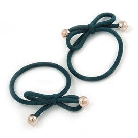 Two Piece Dark Green Bow with Gold Tone Bead Design Hair Elastic Set/Ideal For School