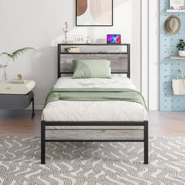 HOJINLINERO Twin Bed Frame with Storage Headboard,Metal Bed Frame Twin Size with Charging Station,Twin Platform Bed Frame No Box Spring Needed,Beds Base,Heavy Duty Metal Slats Support,Black and Grey