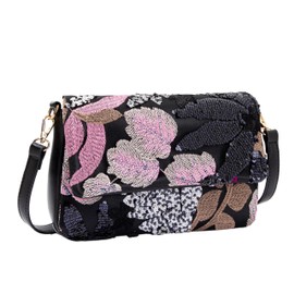 Abvokury Linen Sequin Embroidered Floral Shoulder Bag for Wedding Party (Black)