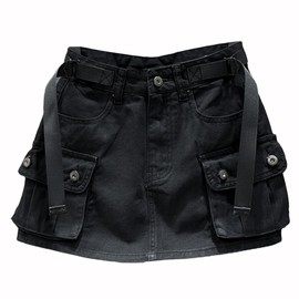 Black Mini Skirt for Women High Waisted Y2k Short Denim Jean Cargo Skirt (Black, M)