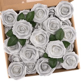N&T NIETING Artificial Flowers, 25pcs Fake Flowers Roses with Stem for DIY Wedding Bouquets Centerpieces Bridal Shower Party Home Decoration, Silver White