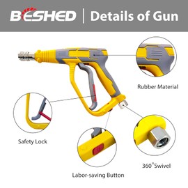 BESHED Short Pressure Washer Gun, High Power Washer Gun with 1/4 Inch Quick Connect, 3/8'' Quick Connect, M22-14mm and M22-15mm Fittings, 5000 PSI