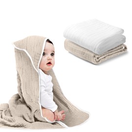 Arnzion Baby Hooded Towels for Babies and Toddlers, Muslin Baby Bath Towel Soft and Absorbency for Boys and Girls (Brown and White 2 Pack)