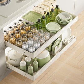 MAKIOTEKO Pull Out Cabinet Organizer Adhesive, 21" Deep Expandable Slide Out Drawers for Kitchen Cabinets Under Sink Pull-Out Home Organizers for Kitchen Pantry Storage Shelves