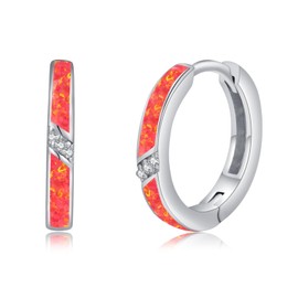 Fire Opal Hoop Earring 925 Sterling Silver Small Opal Hoop Earrings Cubic Zirconia Red Opal Huggies Hoops Earring Christmas Jewelry for Women