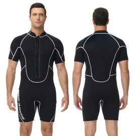 Owntop 3/2mm Shorty Wetsuit for Men - Stretch Short Sleeve Neoprene Diving Suits One Piece Dive Skin UPF50+ Thermal Front Zip for Surfing Swimming Snorkeling, Men Black XL