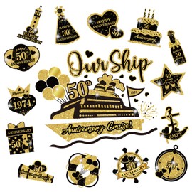 50th Anniversary Cruise Door Magnets Decorations, Gold Black Happy 50th Anniversary Cruise Ship Door Decor Magnetic for Married in 1974 Men Women Wedding Party Refrigerator Fridge Car Kitchen Garage