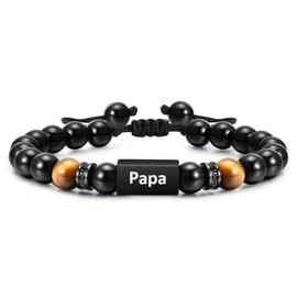 TempBeau Bracelet Men's Dad Gifts: Grandpa Bracelet Beads Length Adjustable Leather Daddy Bracelets Black for Men Fashion Jewellery Christmas Thanksgiving Day Father's Day, Stainless Steel