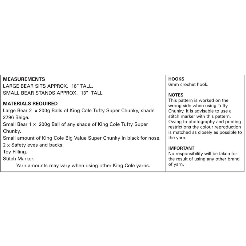 King Cole Tufty Joseph the Bear Crocheted Pattern 9096