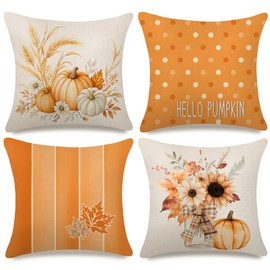 PITMT Autumn Cushion Cover, 40 x 40 cm, Set of 4 Cushion Covers, Autumn Vintage Style, Pumpkins, Bouquet, Linen, Autumn Decoration, Cushion Covers, Autumn Decoration for Sofa, Living Room, Bedroom