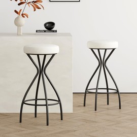 EQEY Modern Backless Bar Stools Set of 2 with footrest, 30" Round Upholstered Counter Stools with Velvet Upholstered and Metal Frame for Kitchen Island Velvet,Dining Chairs (Black & Creamy White)