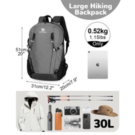 Outplea 30L Large Hiking Backpack for Men Women, Traveling Backpacks with Anti Theft Pocket, Waterproof Rucking Sports Rucksack for Camping, Gray