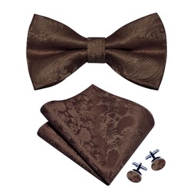Gusleson Mens Dark Brown Bow Tie Pocket Square Set for Wedding Pre-Tied Solid Paisley Bowties Handkerchief Cufflinks for Party (UK0497-12)
