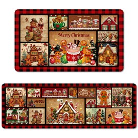 Riletese Merry Christmas Kitchen Rugs Sets of 2, Buffalo Plaid Gingerbread Kitchen Floor Mat Non Skid, Washable Sink Runner Rugs, Xmas Winter Holiday Decorations - 15.7 x 27.5 and 15.7 x47 Inch