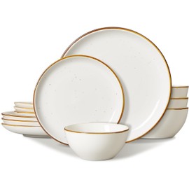 ONEMORE Plates and Bowls Set, Dinnerware Sets for 4, Porcelain Kitchen Dishes Set 12pcs, Scratch Resistant, Modern Aesthetic Plate Set - Microwave & Dishwasher Safe,Cream White