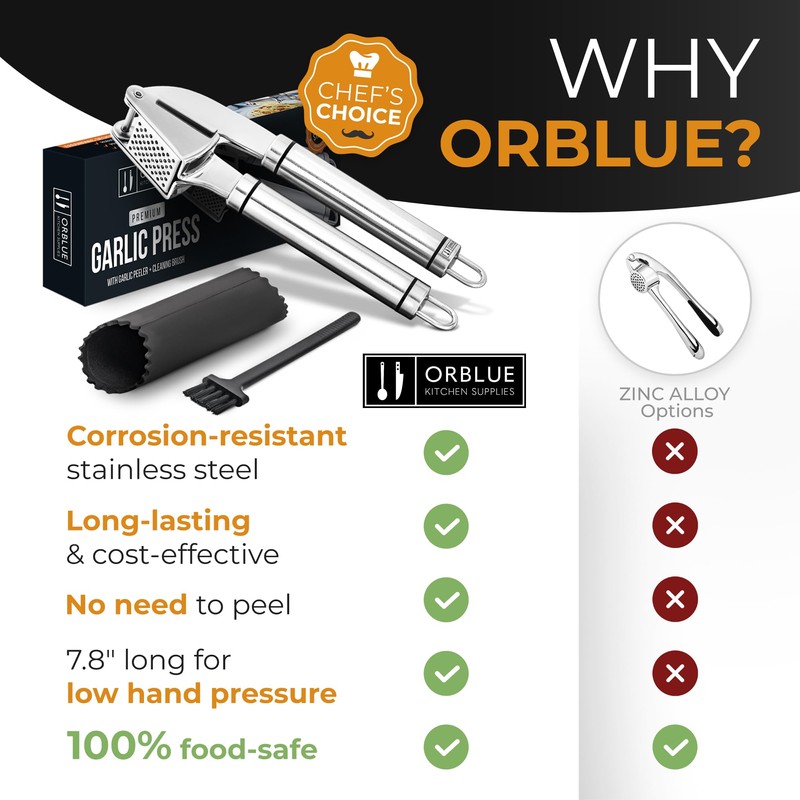 ORBLUE Garlic Press Stainless Steel - Premium Professional Grade Garlic