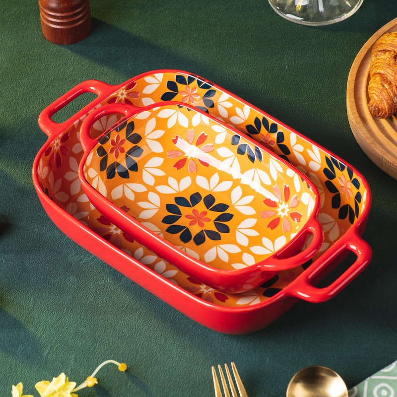 ONCCI Ceramic Baking Dish Set, 2-Piece Hand-painted Porcelain Rectangular Bakware