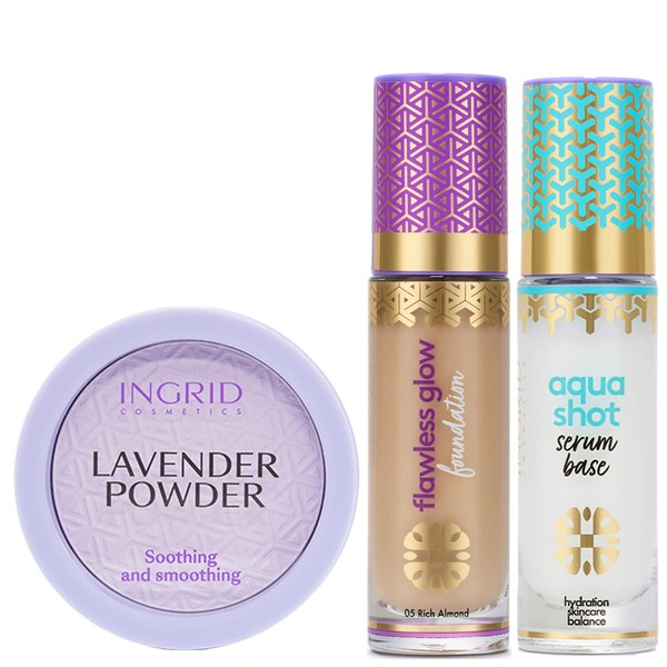 Ingrid Cosmetics Makeup Set, Flawless Glow Foundation 05 Rich Almond, Moisturising Aqua Shot Base, Soothing Lavender Powder
