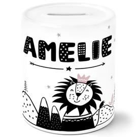 SpecialMe® Children's Money Box with Name Lion Animal Motif Skandi Style Piggy Bank Ceramic Girl White One Size