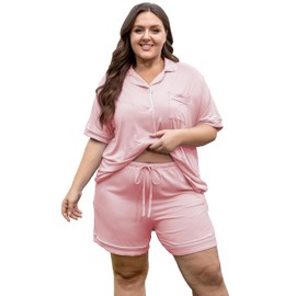 Vozanet Women's Plus Size Button Down Pajamas Soft Lounge Sets Shorts with Pockets Bride Nighty Solid Soft Pjs 1x to 5x, LightPink, 2X-Large