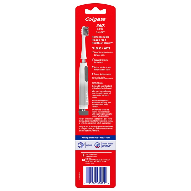 Colgate 360 Floss Tip Sonic Powered Battery Toothbrush, 2 Pack