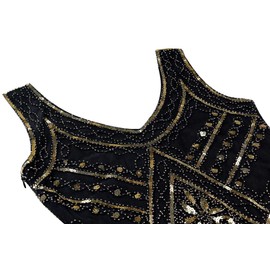 FUNDAISY 20s Flapper Gatsby Sequin Beaded Evening Cocktail Dress with accessories set (2X-Large, Style03-Black&Gold)