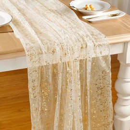 Gold Table Runner, 10Ft Sheer Chiffon Tulle Cheesecloth Runner Gold Metallic Foil Sequin Party Table Decoration for Boho Glitter Gauze Table Runner for Wedding Birthday Party