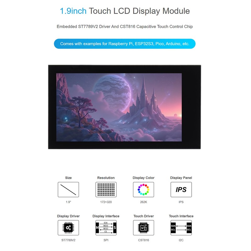 1.9" SPI & I2C Touch LCD Display Module, 172x320 IPS