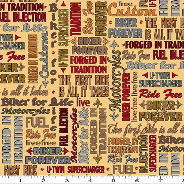 QUILTING TREASURES BIKER FOR LIFE 26019S MOTORCYCLE WORDS FABRIC PRICED
