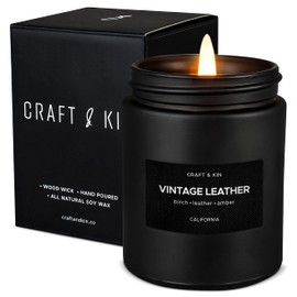 Velas perfumadas para hombre, velas perfumadas de piel clásico, velas de soja, velas para hombre, velas de larga duración, velas de madera malvadas | Vela de aromaterapia en tarro negro