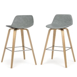 SIMPLIHOME Randolph Counter Stools (Set of 2) - 28 Inch Seat Height Upholstered Bentwood Kitchen Seats in Stone Grey PU Faux Leather, Mid Century Modern Seating with Curved Backrest and Footrest